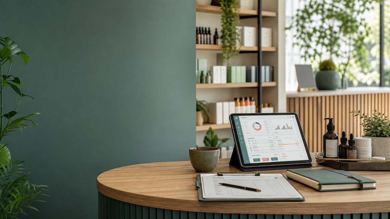 A calm wellness operations desk with a dashboard tablet, care products, plants, and member records.